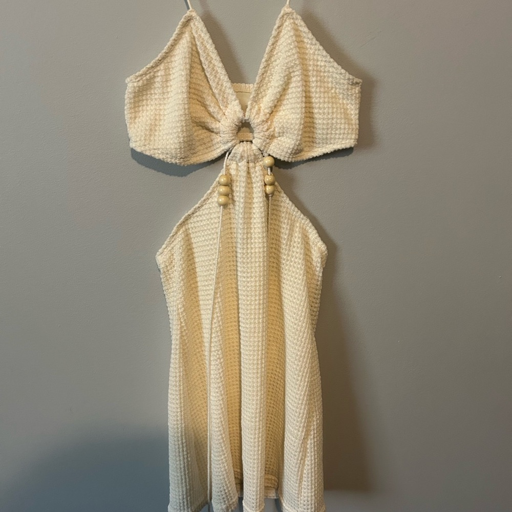 Chic Cream Cutout Dress with Beaded Accents Bohemian Textured Spaghetti Straps